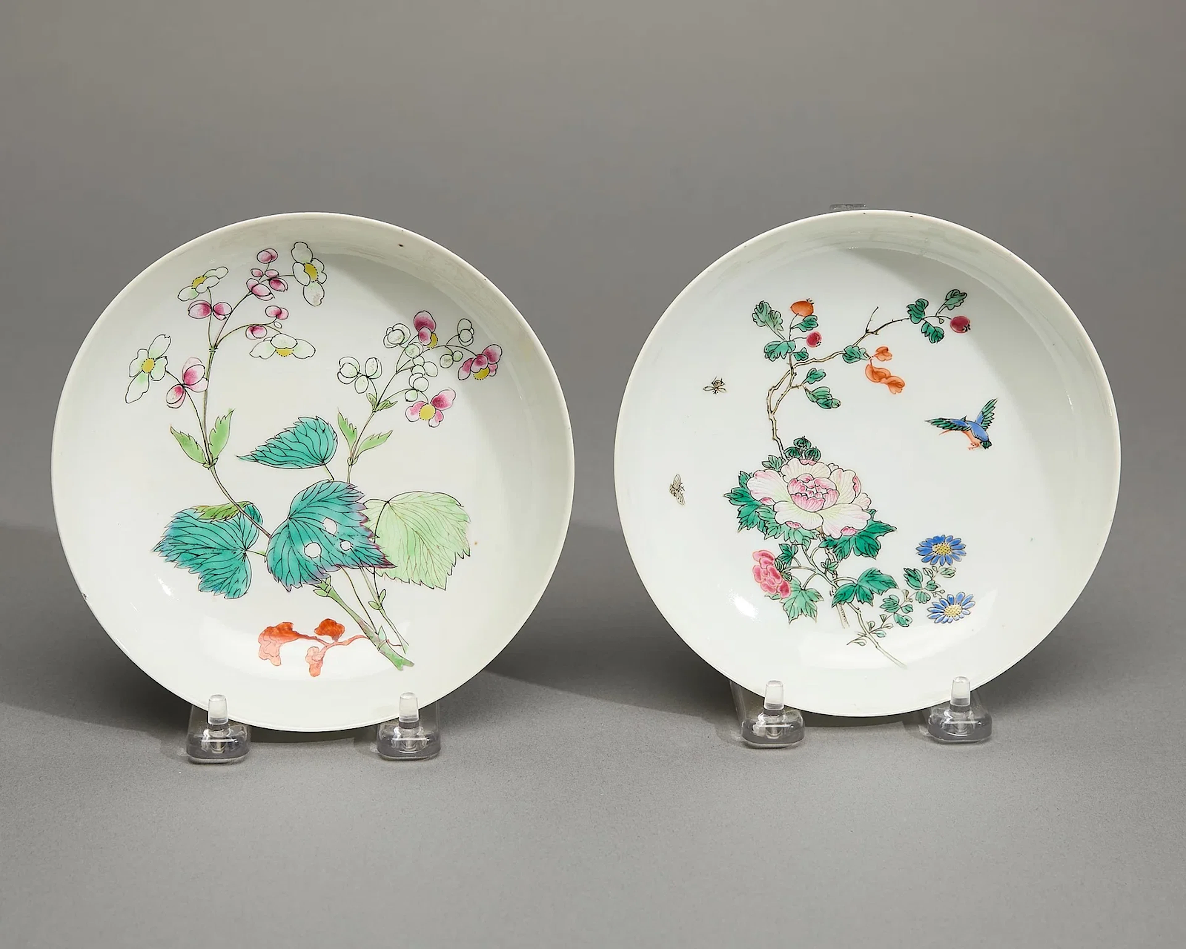 Pr Chinese Yongzheng Porcelain Botanical Saucers