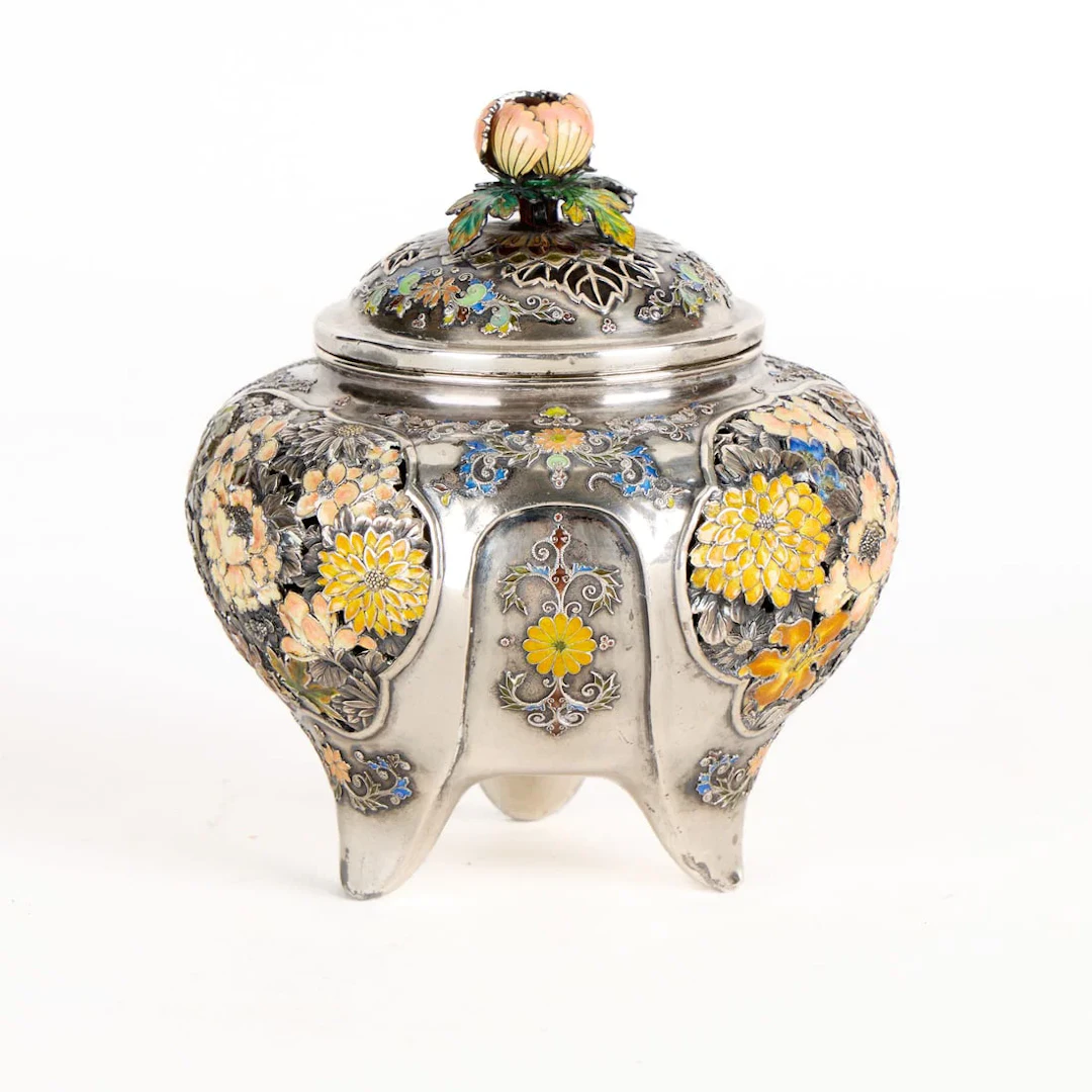 19th c. Japanese Meiji Enameled Silver Koro Censer
