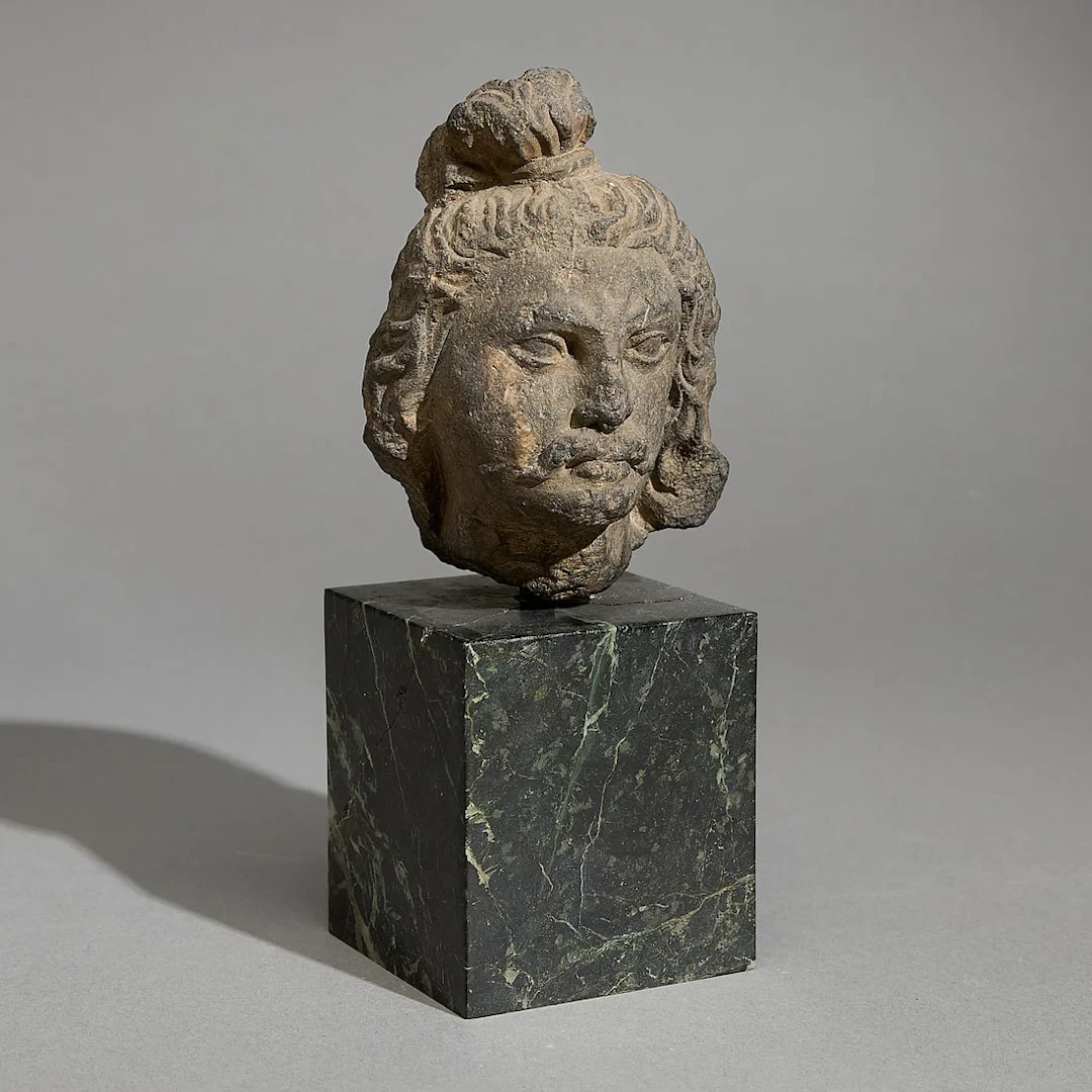 Ancient Gandharan Gray Schist Head of Bodhisattva