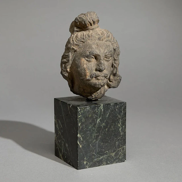 Ancient Gandharan Gray Schist Head of Bodhisattva