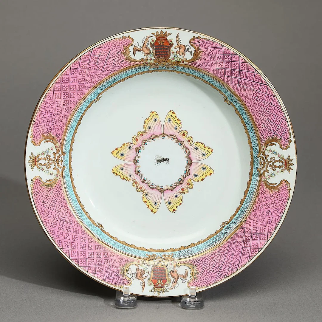 Famille Rose Insect Plate with Arms of Grimaldi