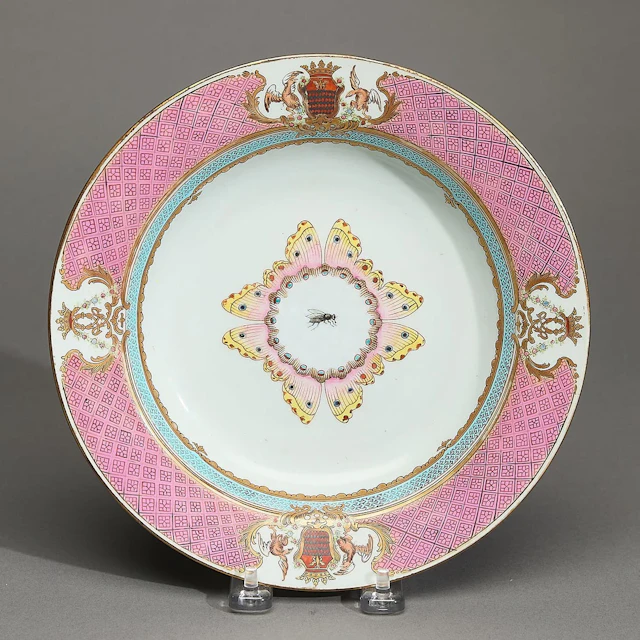 Famille Rose Insect Plate with Arms of Grimaldi