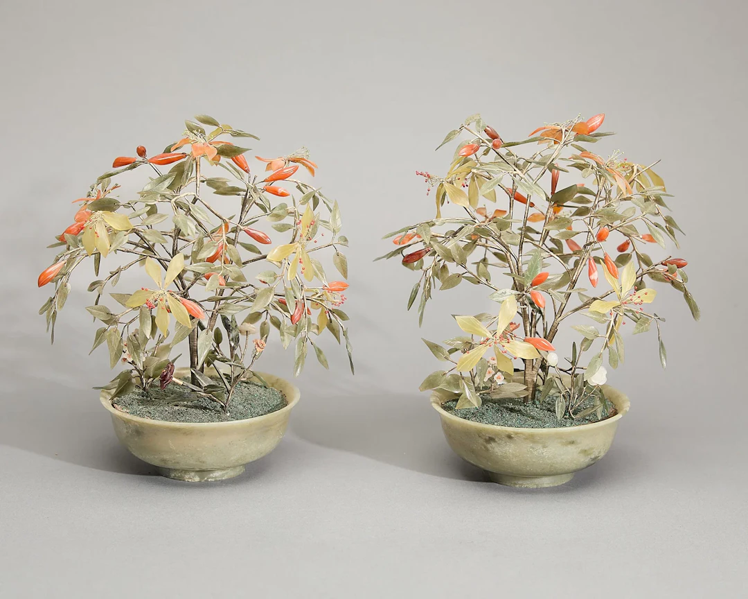 Pr Chinese Carved Jade & Agate Bonsai Tree Models