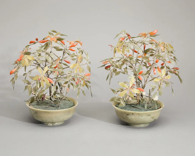 Pr Chinese Carved Jade & Agate Bonsai Tree Models