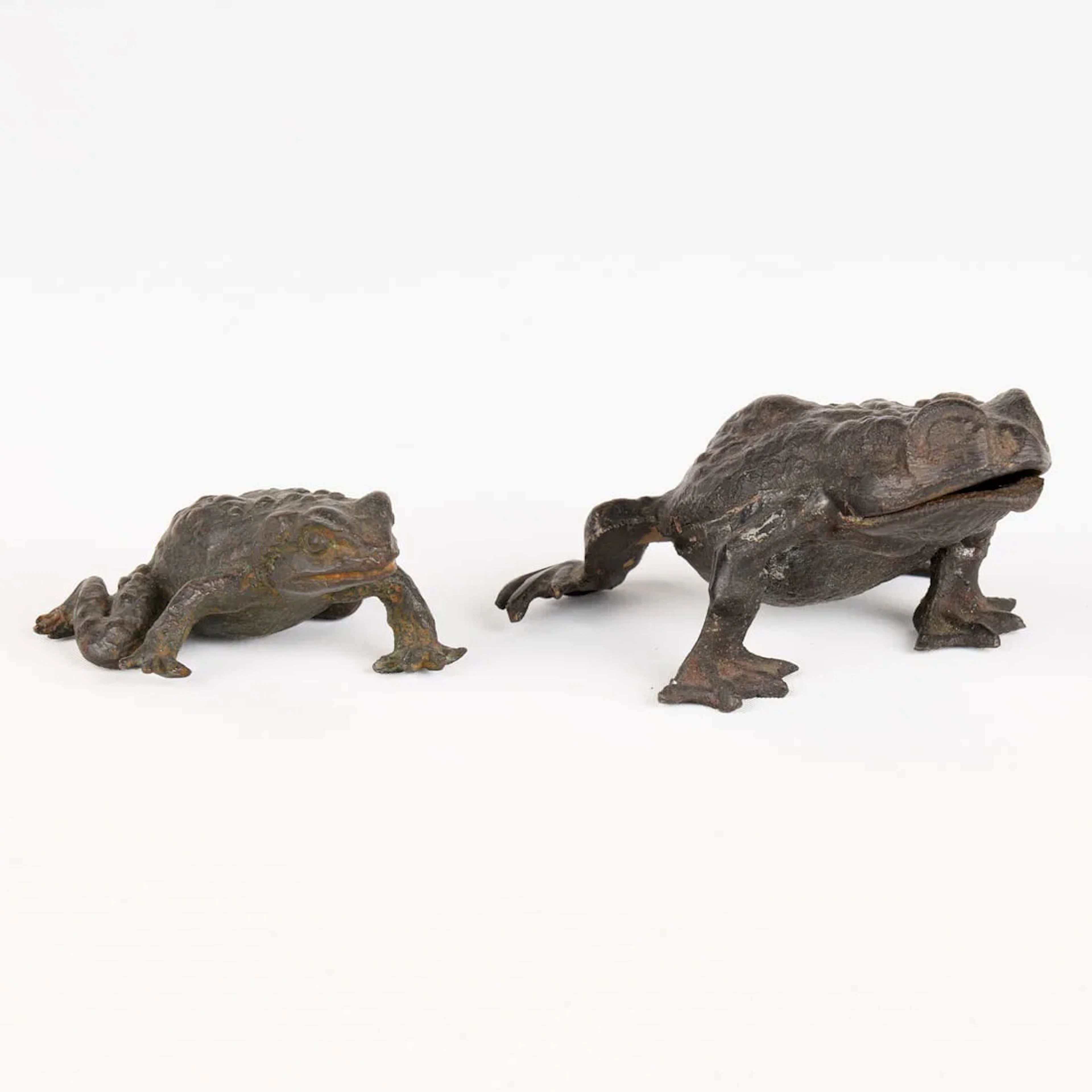 2 Japanese Meiji Bronze Toad Okimono Sculptures
