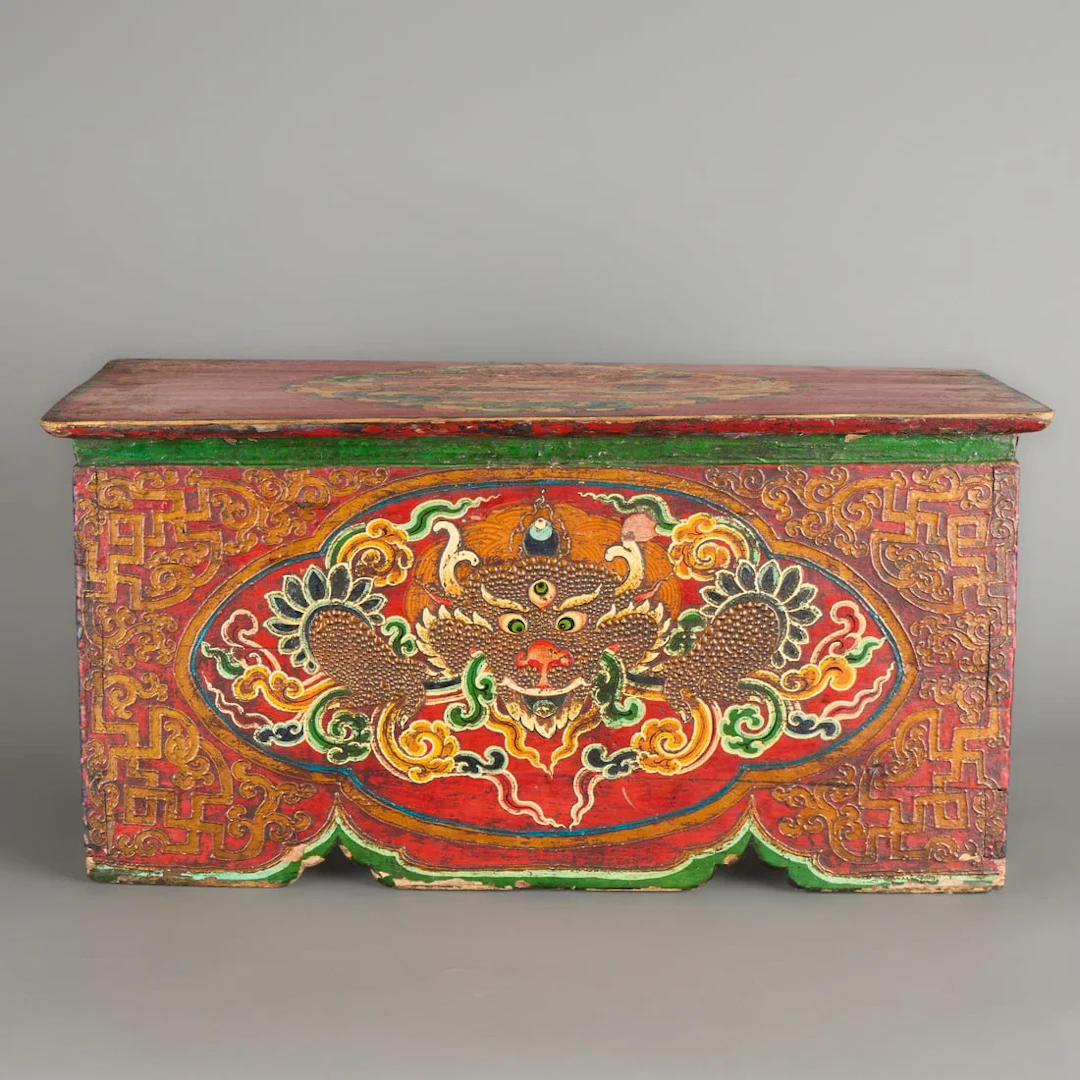 Tibetan Polychrome Lacquered Cheppu Altar Chest