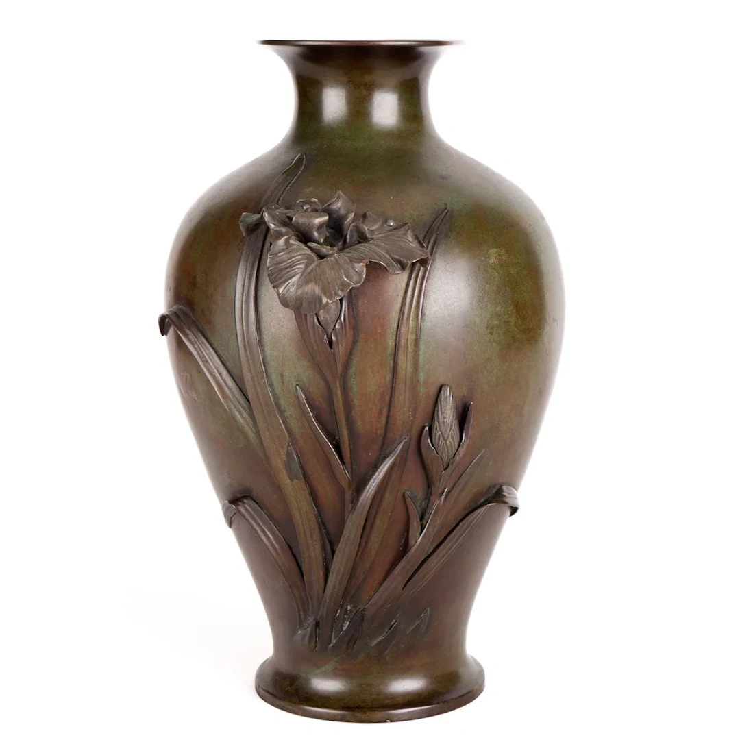 Japanese Meiji Bronze Art Nouveau Iris Vase
