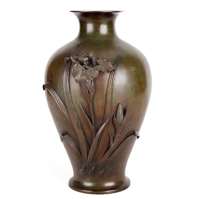 Japanese Meiji Bronze Art Nouveau Iris Vase