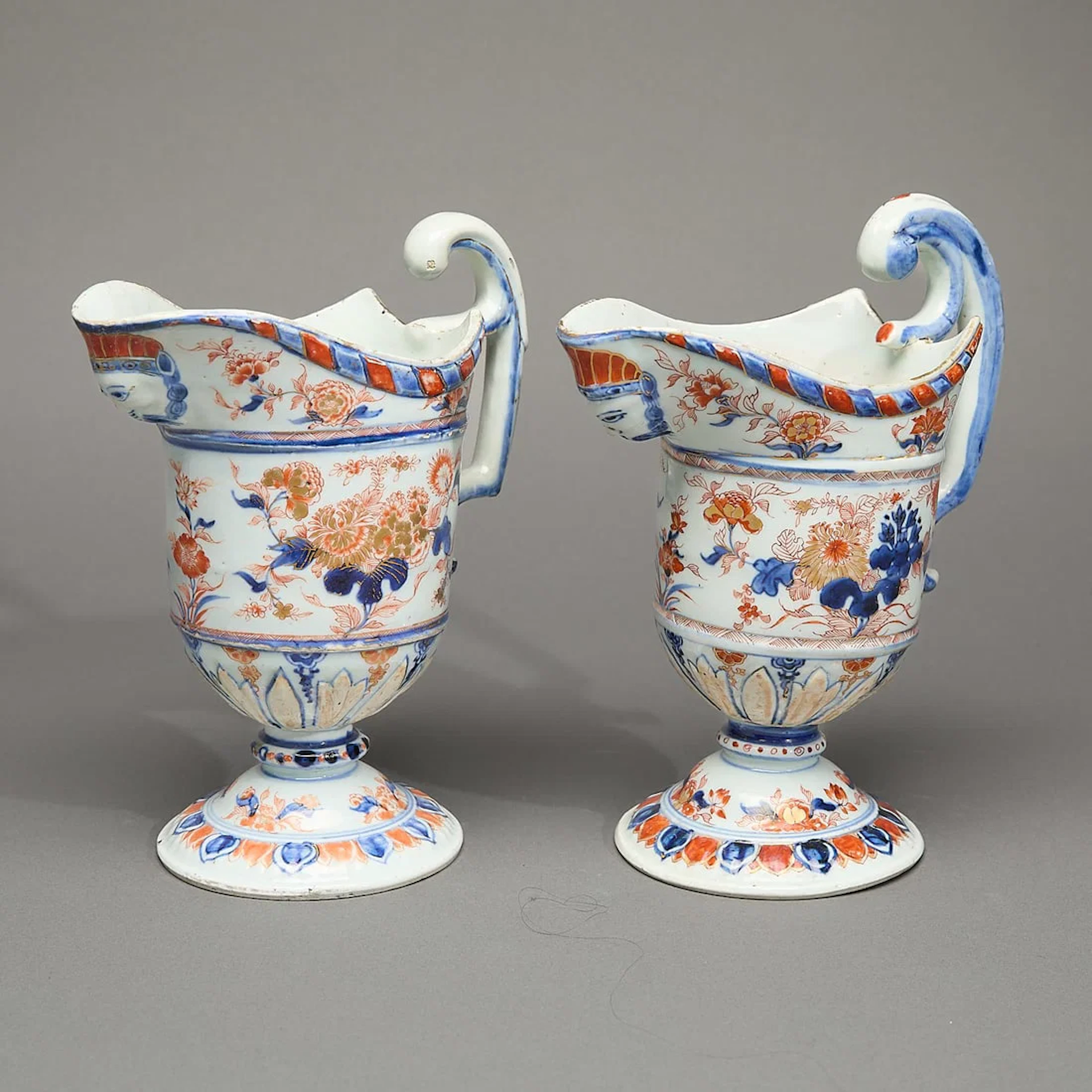 Pair Chinese Export Imari Helmet Ewers