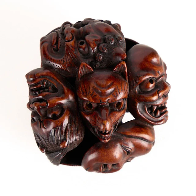 Japanese Carved Mask Netsuke Poss. Signed Gyokuzan