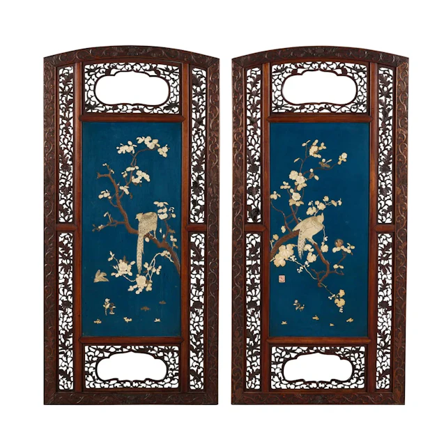 Pr Japanese Shimbayama Inlaid Hardwood Bird Panels