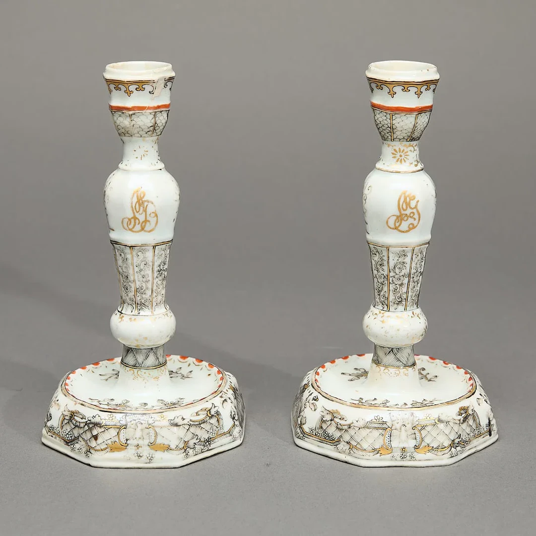 Pair Initialed Grisaille & Gilt Candlesticks