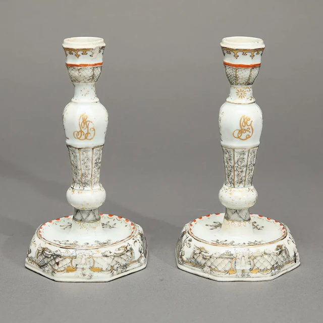 Pair Initialed Grisaille & Gilt Candlesticks