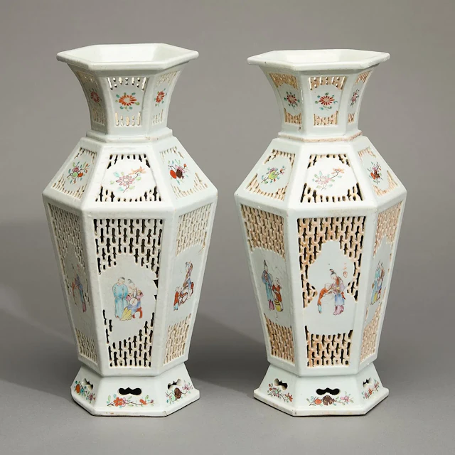 Pr Chinese Famille Rose Reticulated Hexagon Vases
