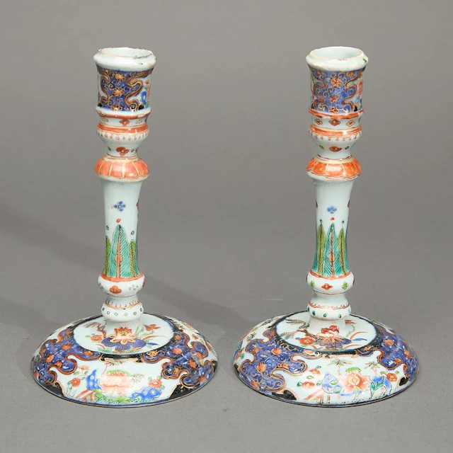 Pair Chinese Export Verte Imari Candlesticks