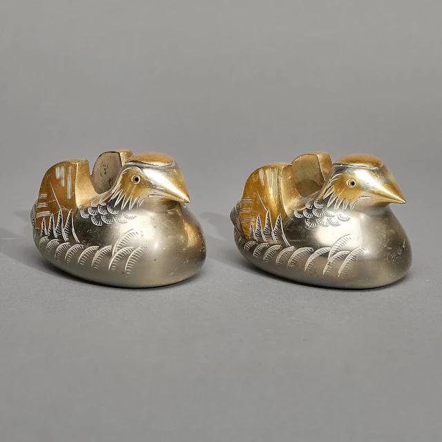 Pr Japanese Bronze Mandarin Duck Screen Holders