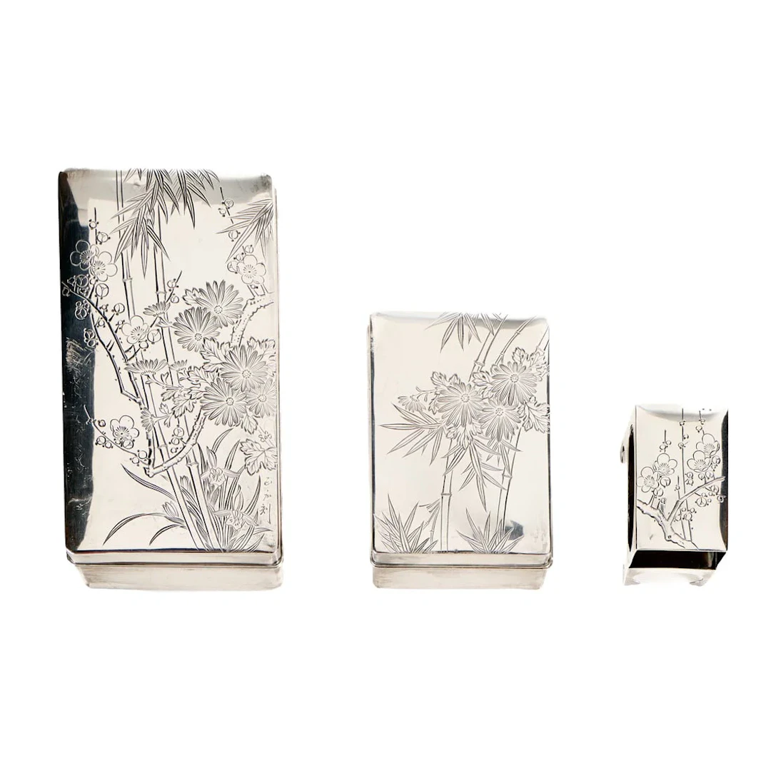 3 Japanese Export Silver Boxes & Matchbox 437.6 g