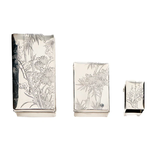 3 Japanese Export Silver Boxes & Matchbox 437.6 g