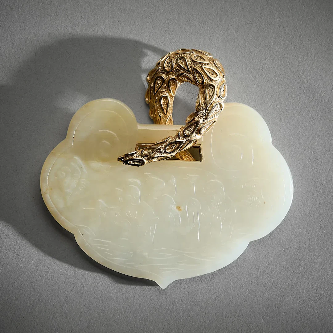 14k Yellow Gold Mounted Figural Jade Plaque