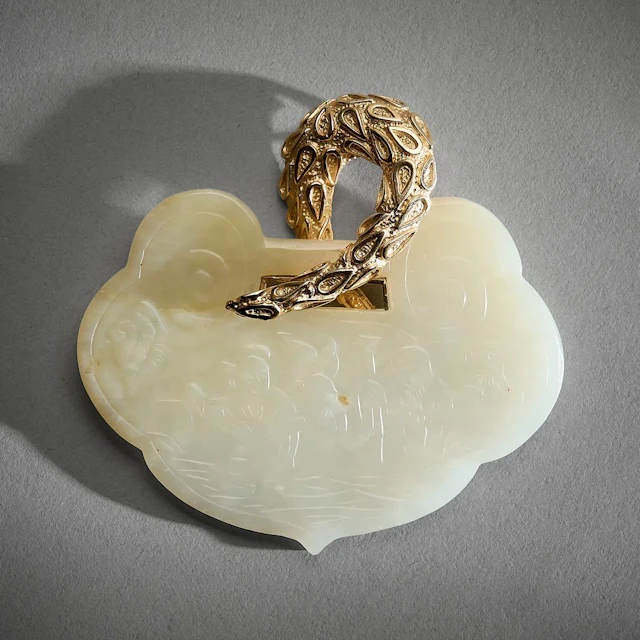 14k Yellow Gold Mounted Figural Jade Plaque