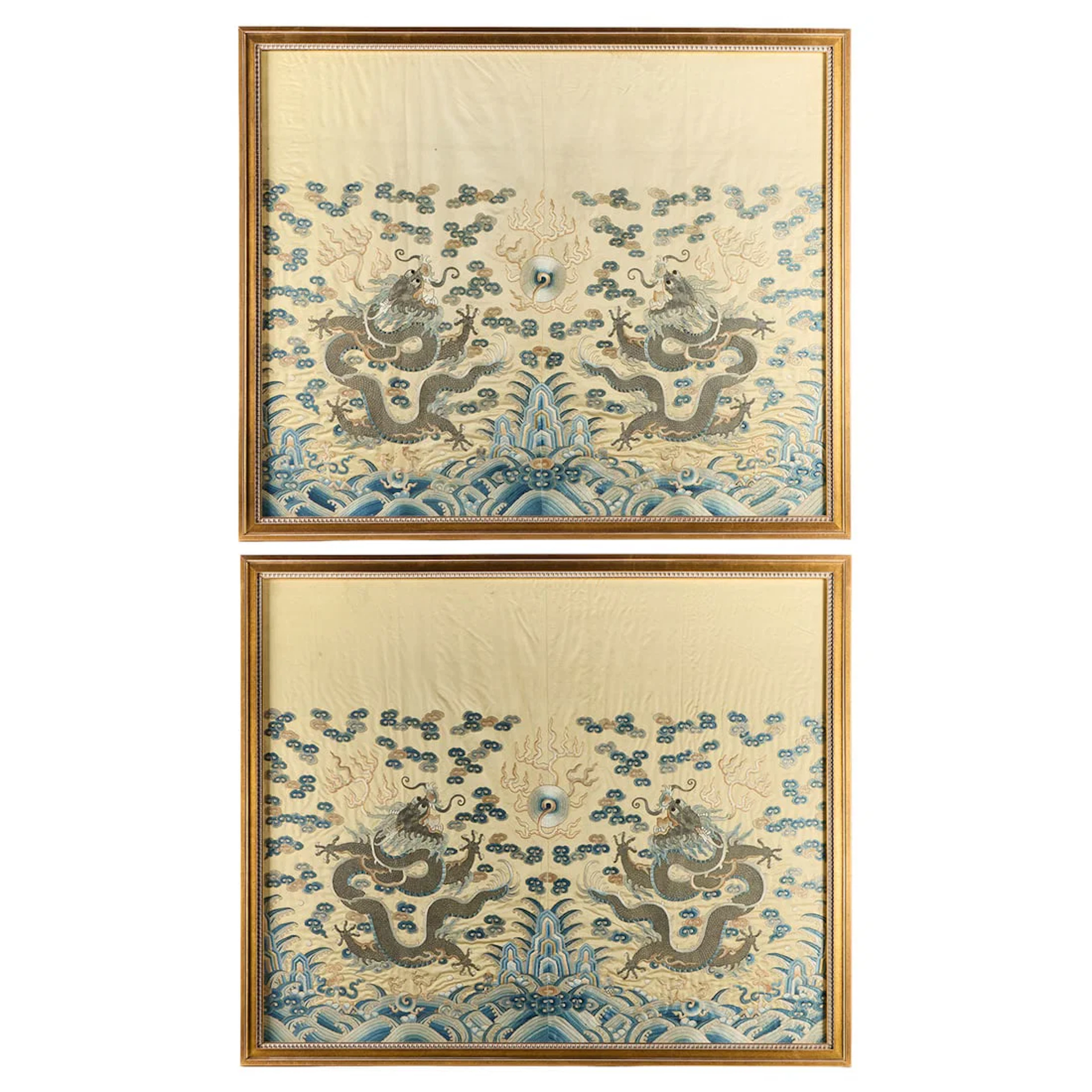 Pr Chinese Qing Dragons Silk Embroidered Panels