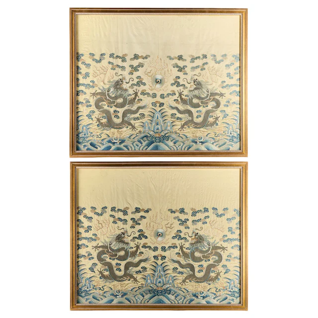 Pr Chinese Qing Dragons Silk Embroidered Panels