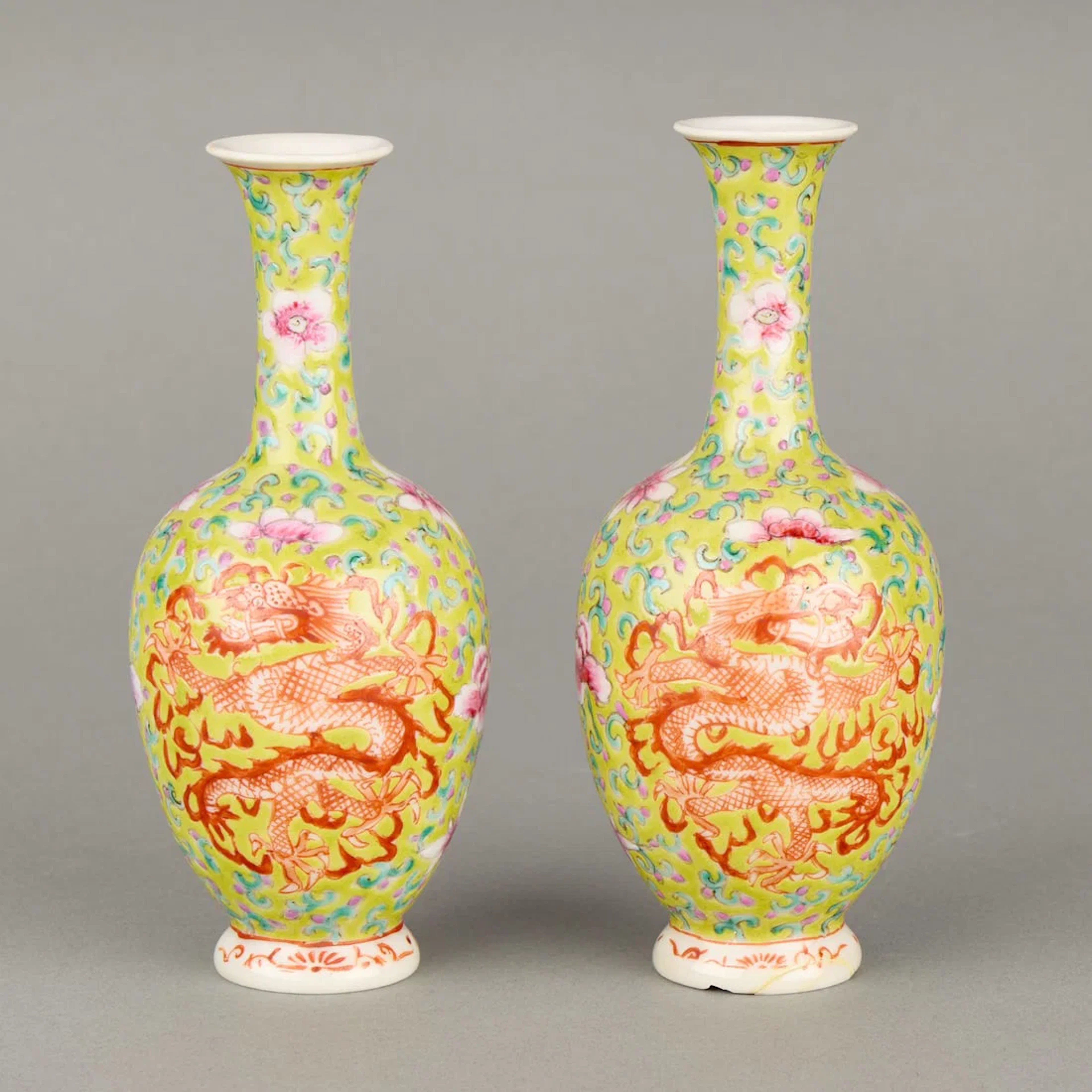 Pr Chinese PRC Yellow Famille Rose Porcelain Vases