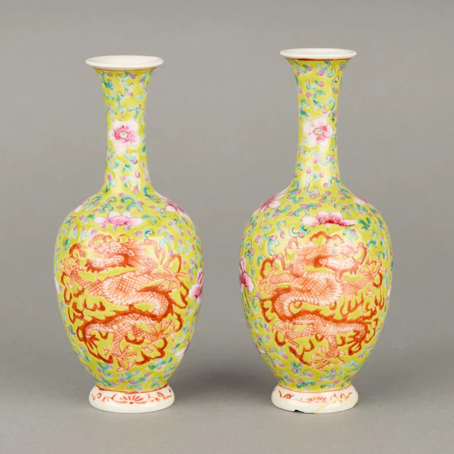 Pr Chinese PRC Yellow Famille Rose Porcelain Vases