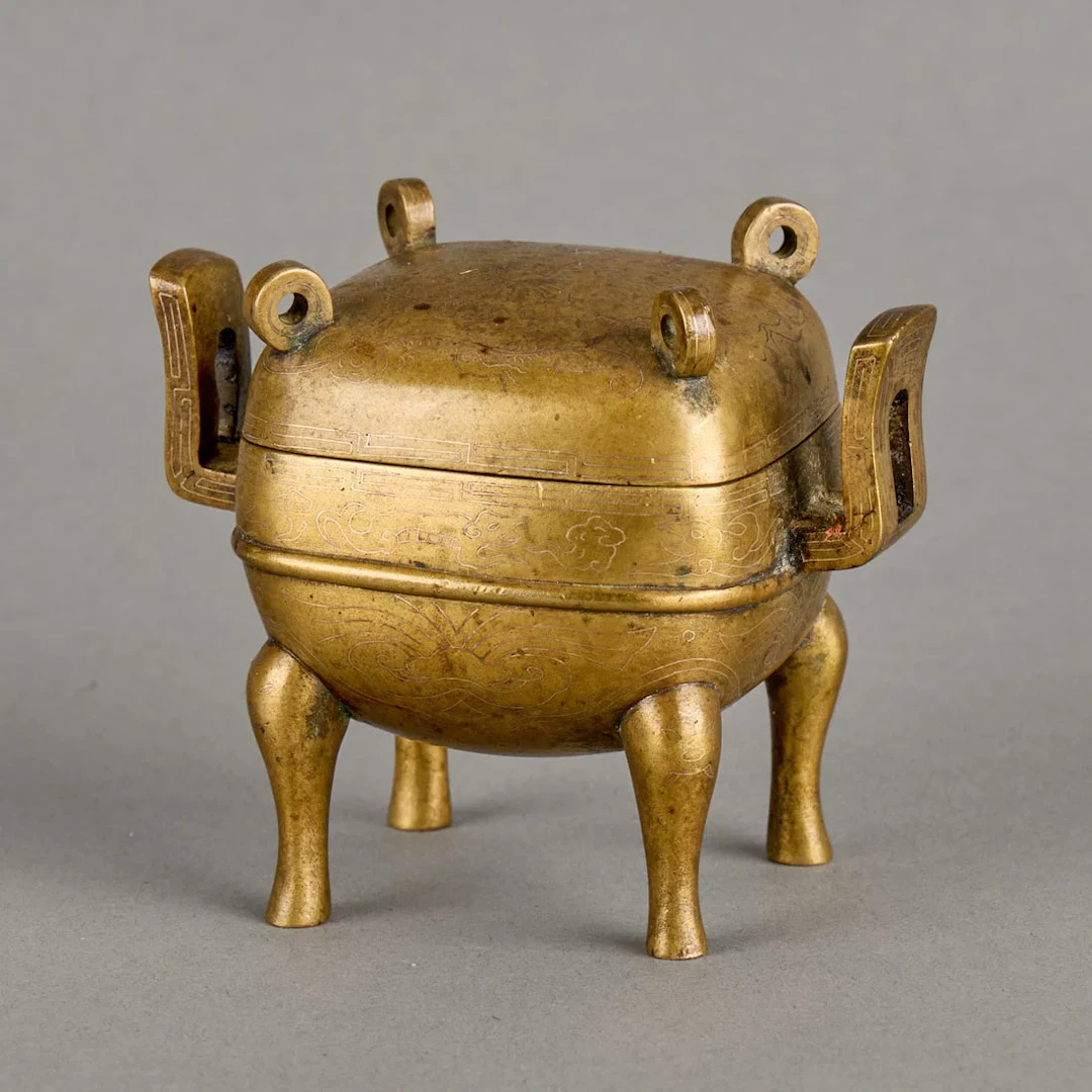 Chinese Qing Archaistic Gilt Bronze Ding Censer
