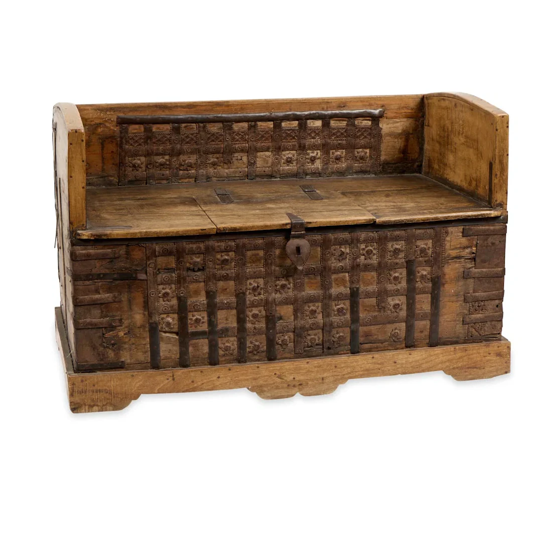 19th c. Indian Wood & Ironwork Dowry Chest Bench