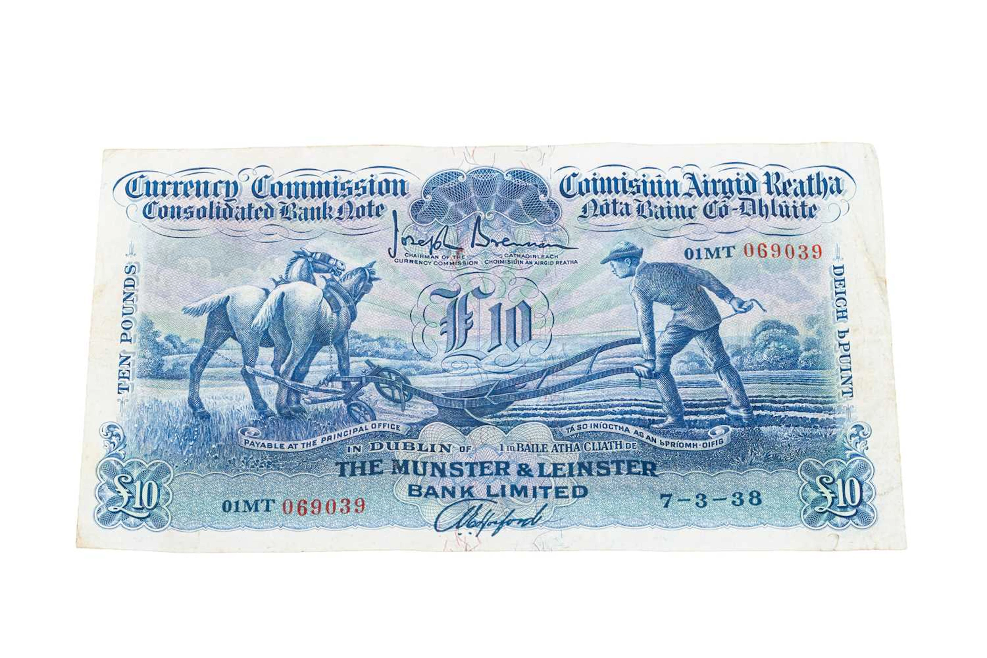 A 1938 MUNSTER & LEINSTER BANK £10 PLOUGHMAN IRISH BANKNOTE