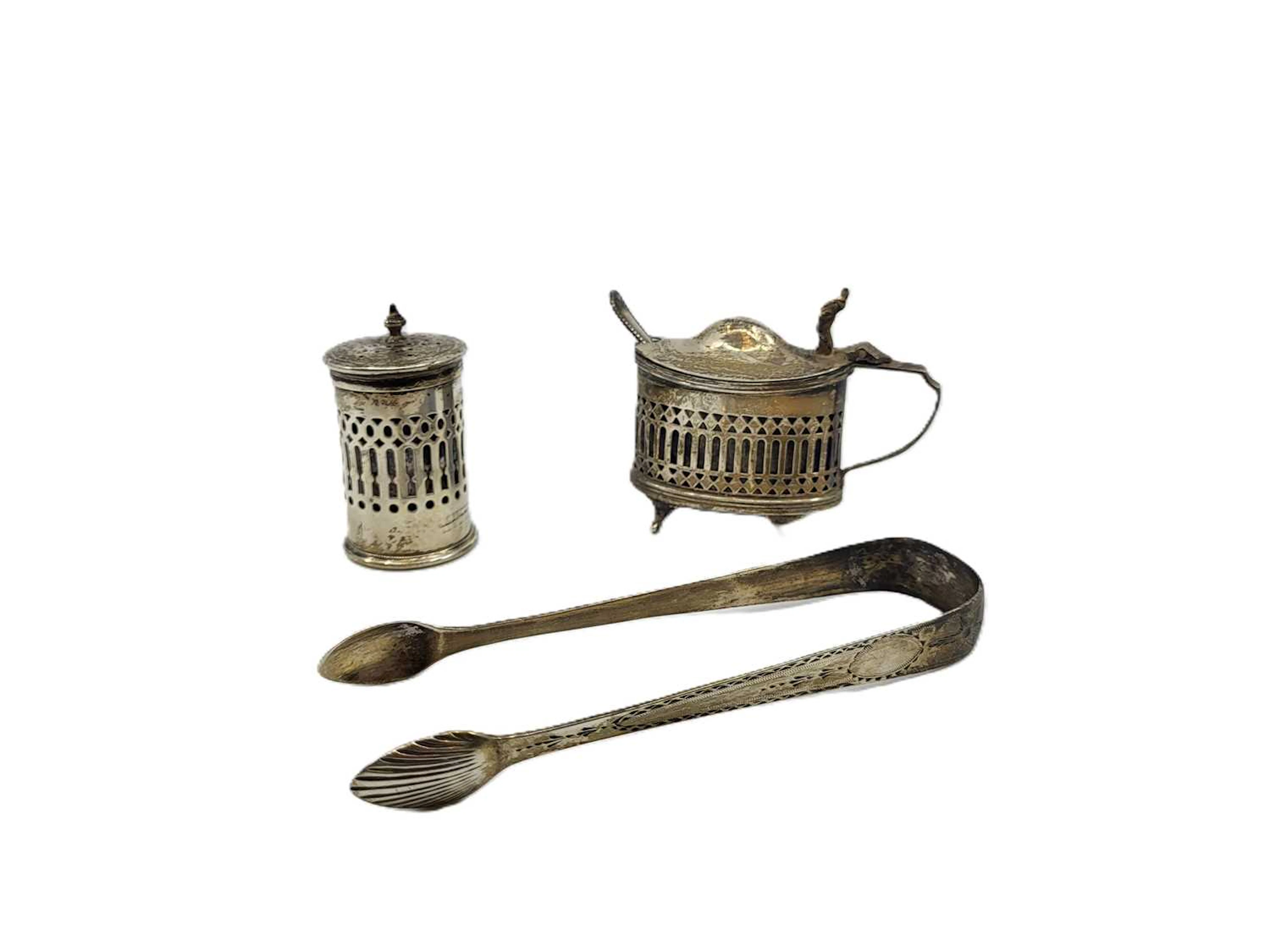 A GEORGE III IRISH SILVER SUGAR TONGS & CONDIMENT SET