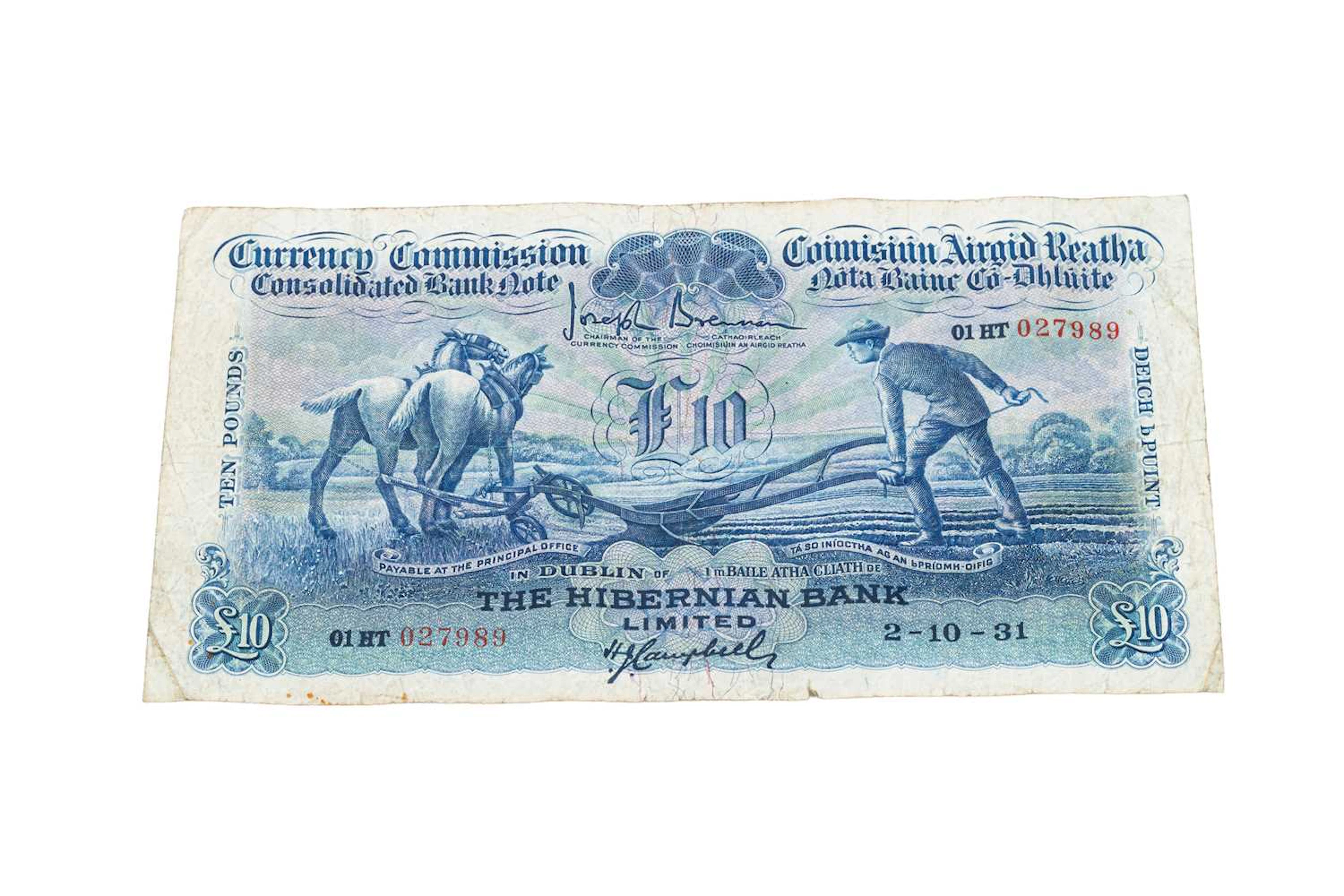 A 1931 HIBERNIAN £10 PLOUGHMAN IRISH BANKNOTE
