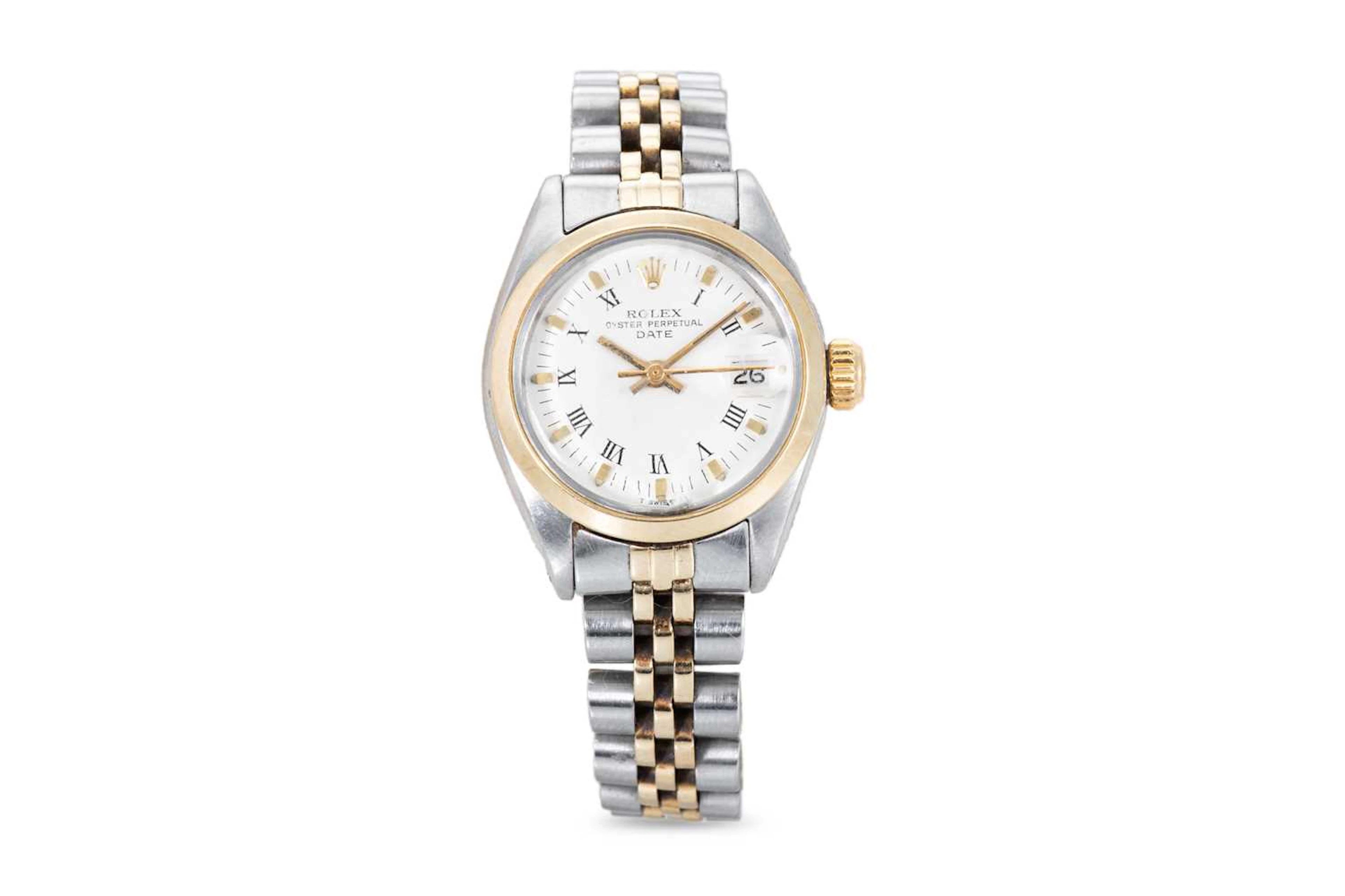 A LADY'S OYSTER PERPETUAL ROLEX DATE JUST BI-METAL WRIST WATCH