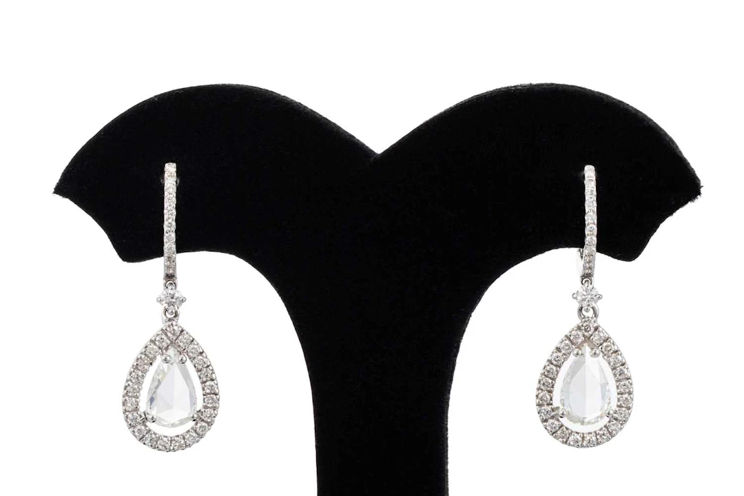 A PAIR OF ROSE CUT DIAMOND DROP CLUSTER EARRINGS