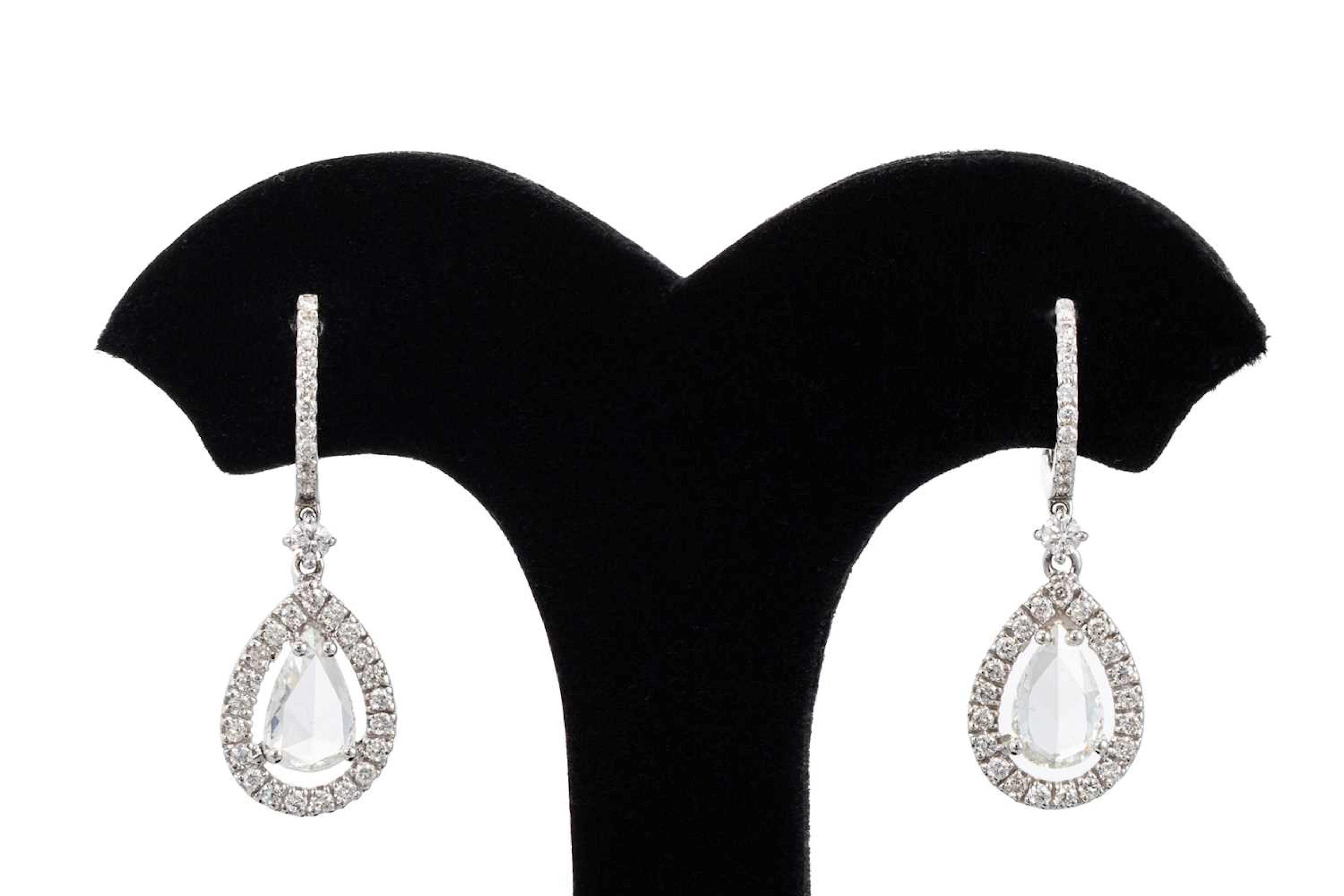 A PAIR OF ROSE CUT DIAMOND DROP CLUSTER EARRINGS