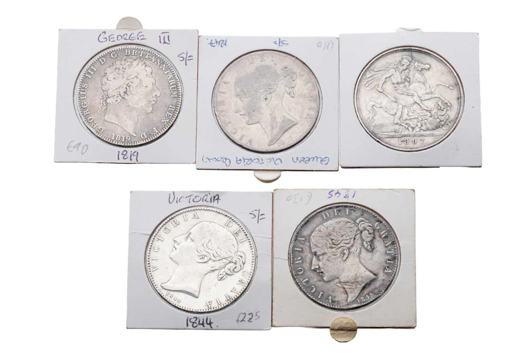 5 X 1819 TO 1897 ENGLISH SILVER COINS CROWNS
