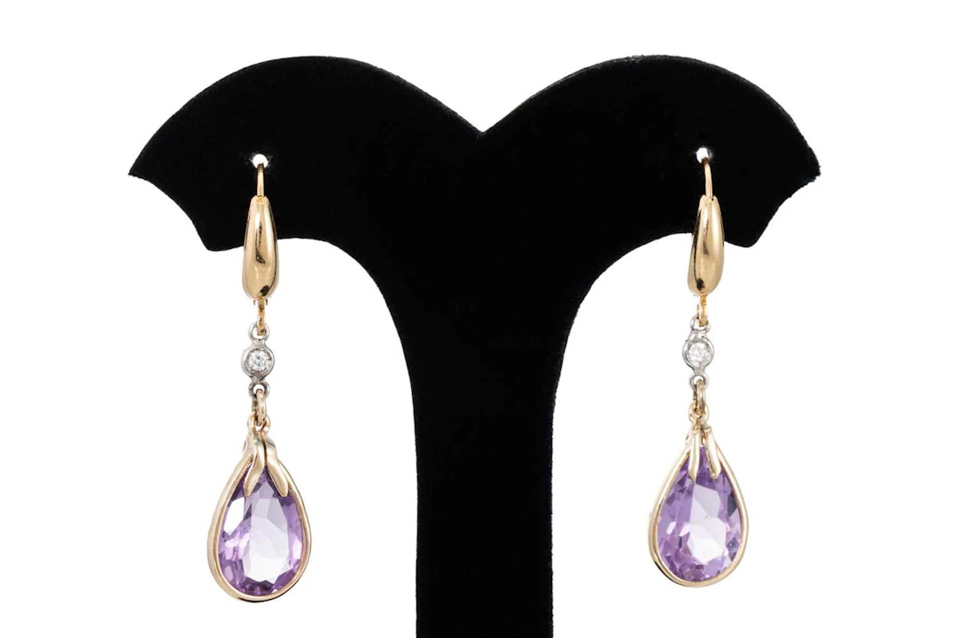 A PAIR OF AMETHYST AND DIAMOND DROP EARRINGS