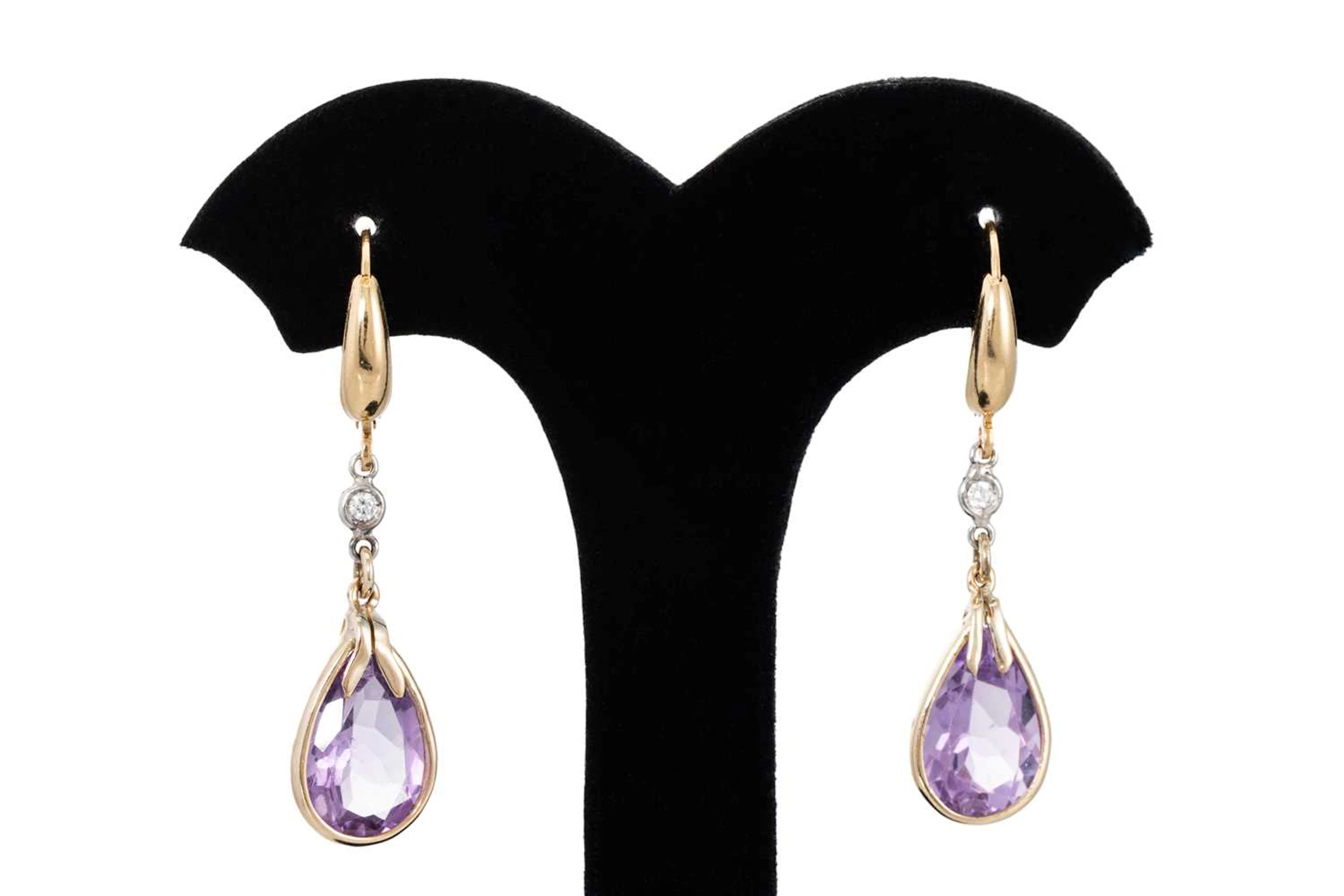 A PAIR OF AMETHYST AND DIAMOND DROP EARRINGS