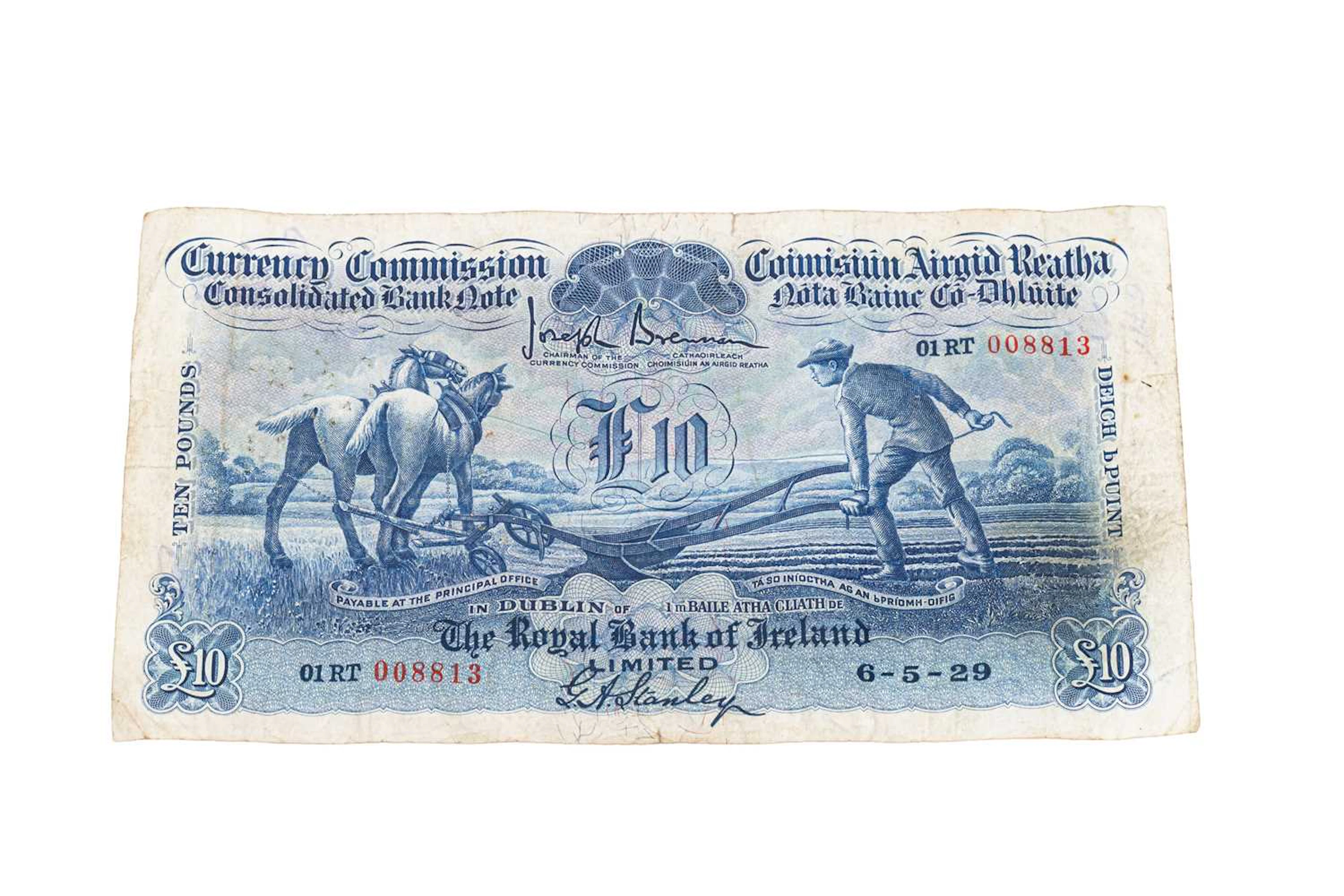 A 1929 ROYAL OF IRELAND £10 PLOUGHMAN IRISH BANKNOTE