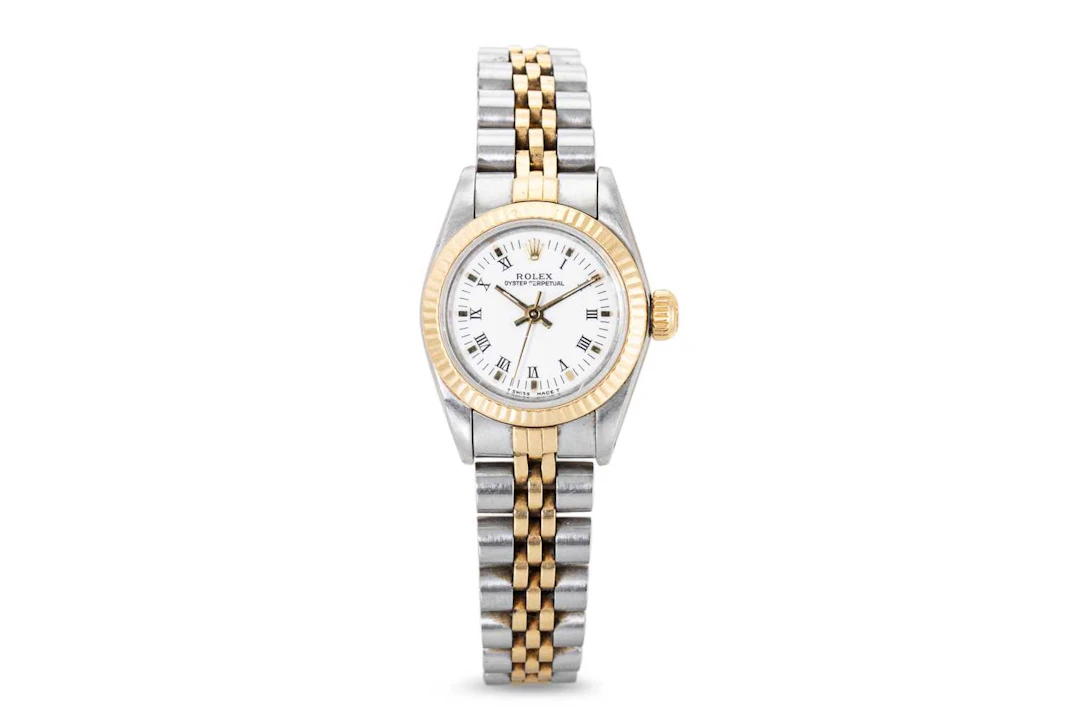 A LADY'S ROLEX OYSTER PERPETUAL BI-METAL WRIST WATCH