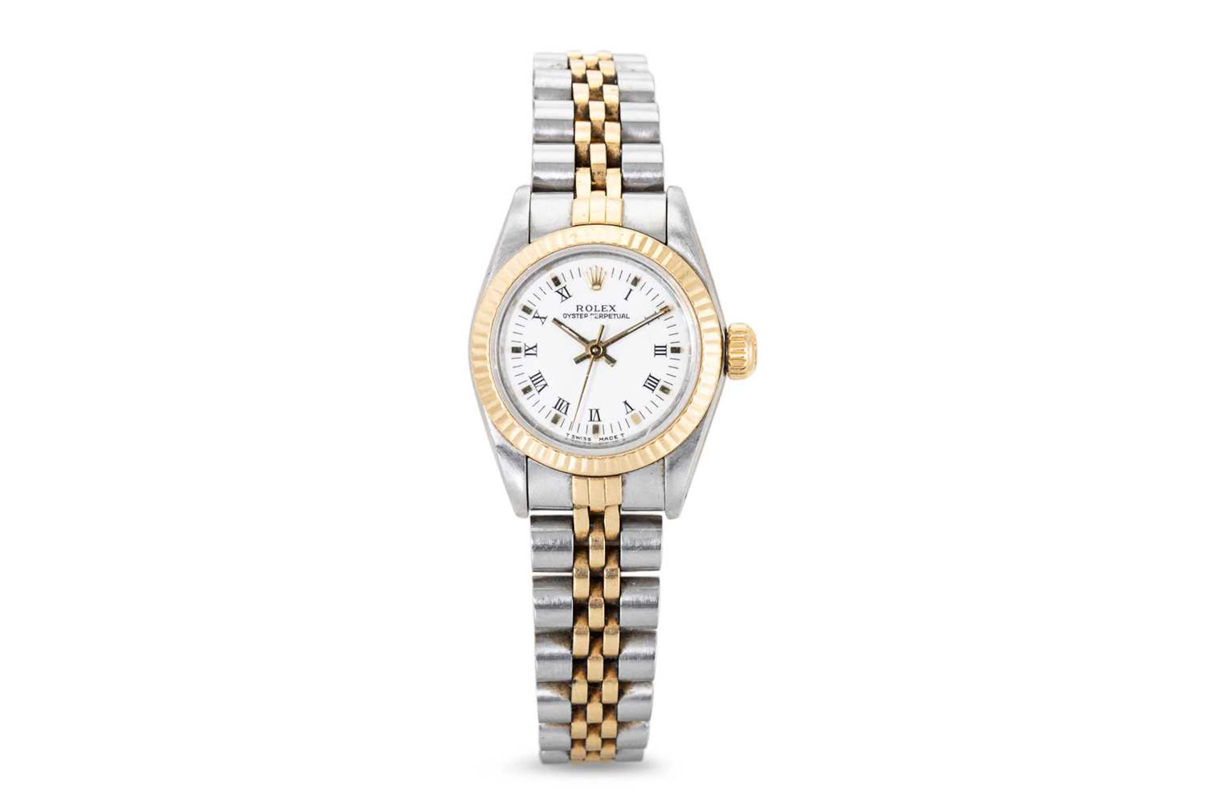A LADY'S ROLEX OYSTER PERPETUAL BI-METAL WRIST WATCH