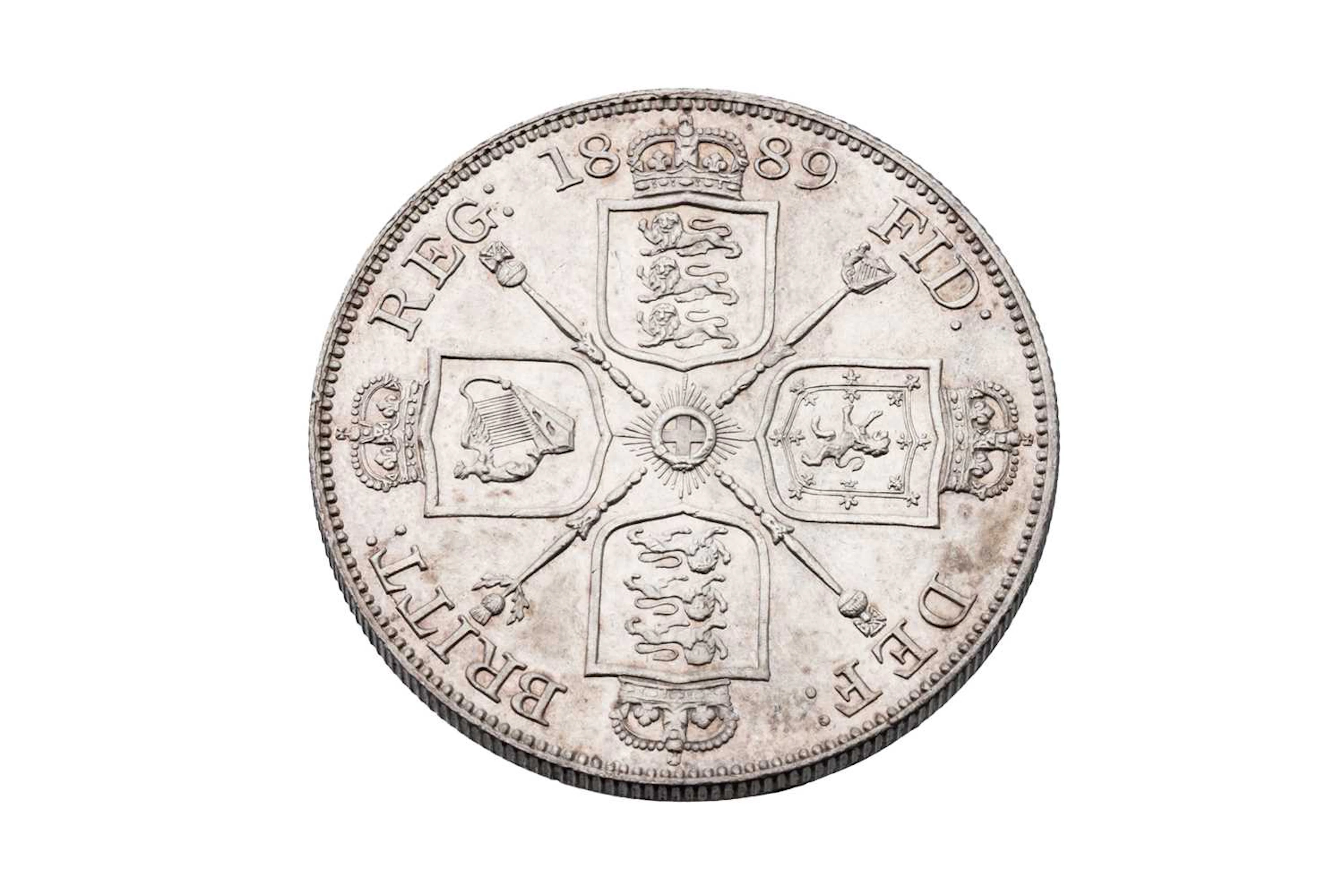 AN 1889 DOUBLE FLORIN ENGLISH SILVER COIN