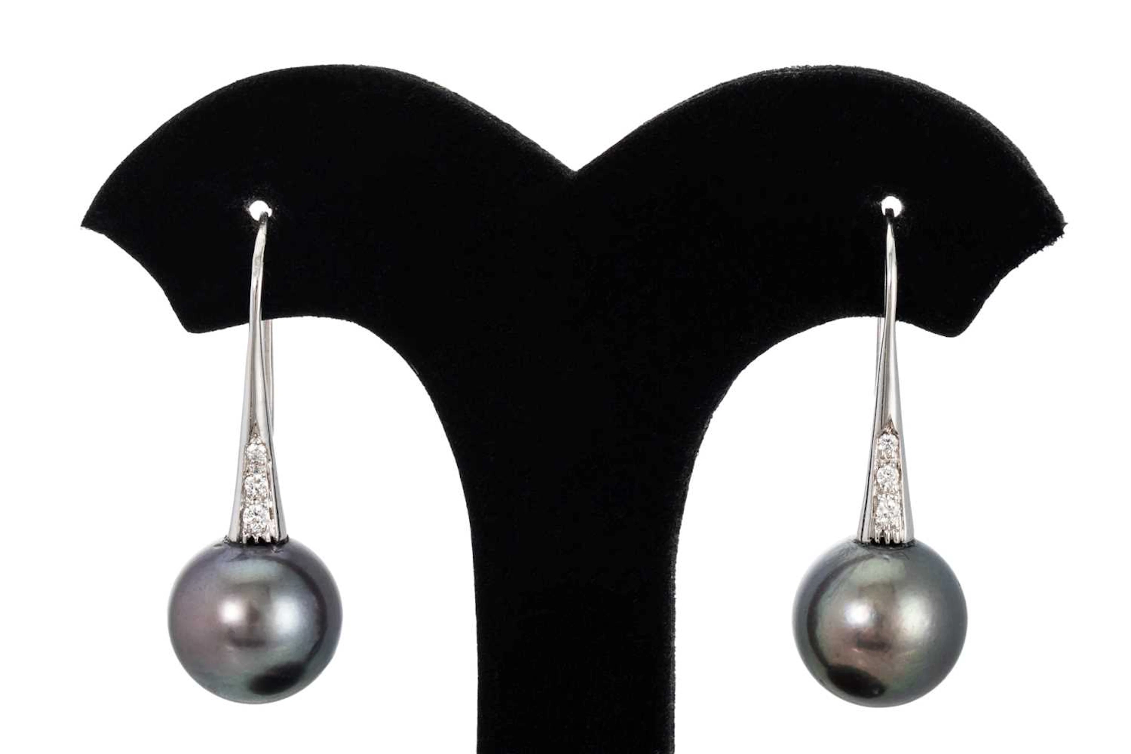 A PAIR OF TAHITIAN PEARL AND DIAMOND DROP EARRINGS