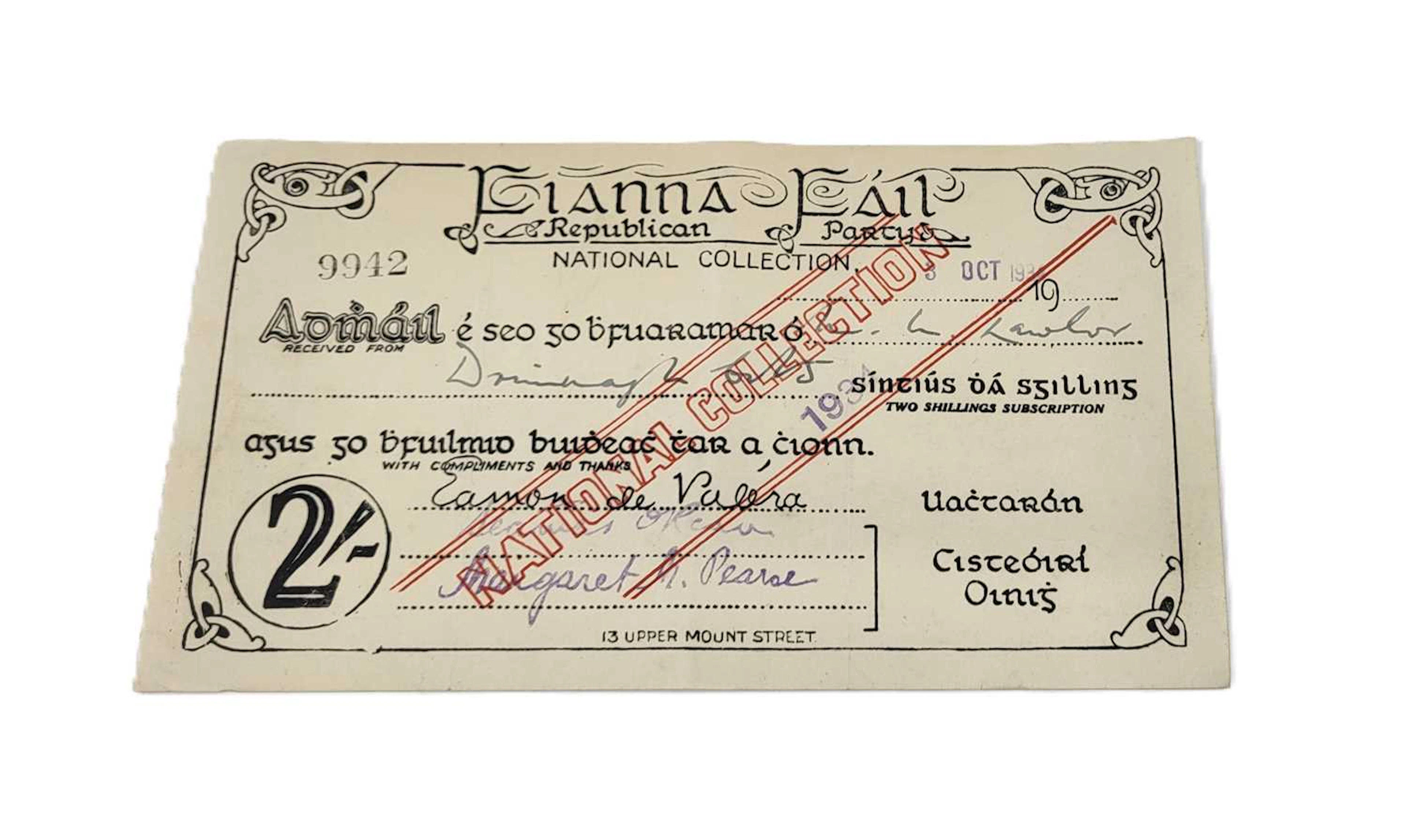 A 1934 FIANNA FAIL 2/- TWO SHILLING RECEIPT