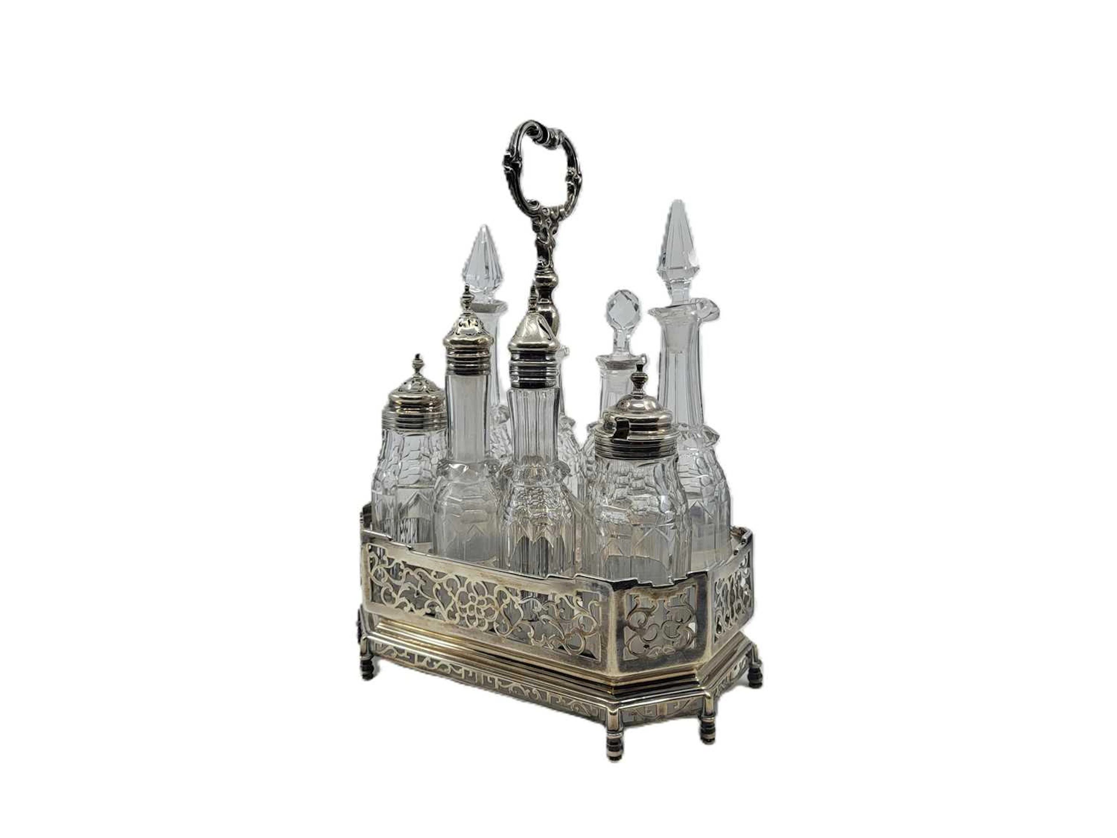 AN IMPRESSIVE VICTORIAN ANTIQUE 19TH CENTRUY EIGHT BOTTLE CRUET STAND