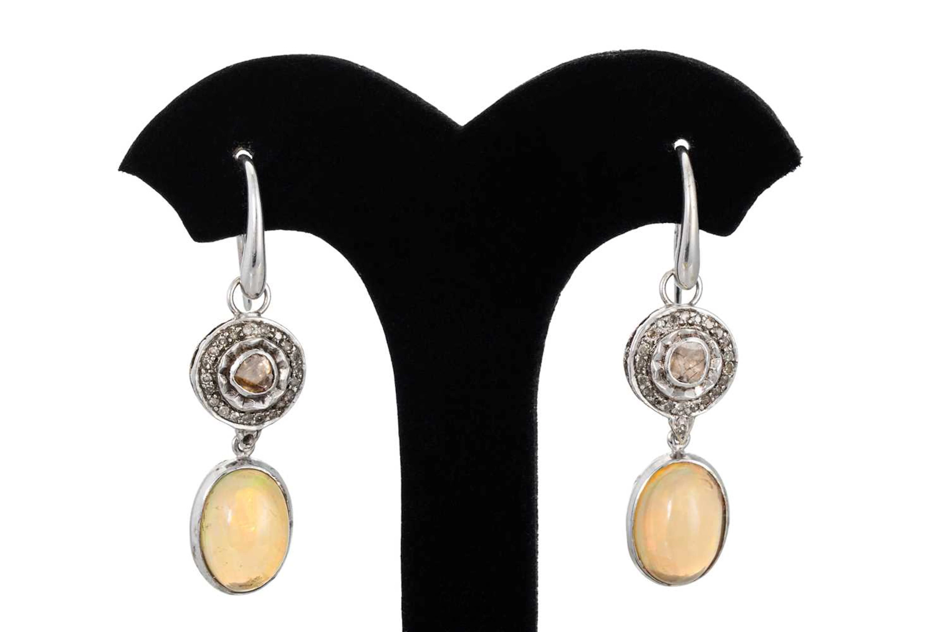 A PAIR OF DIAMOND AND WATER OPAL DROP EARRINGS