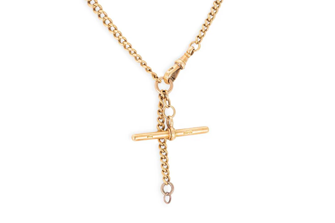 AN 18CT GOLD ANTIQUE ALBERT WATCH CHAIN & T-BAR