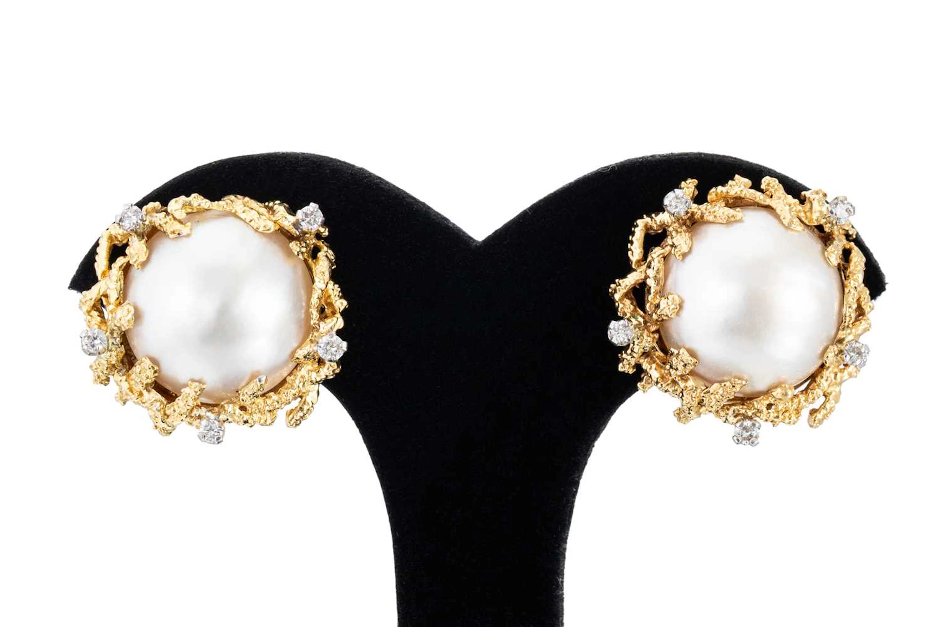 A PAIR OF MABÉ PEARL AND DIAMOND EARRINGS
