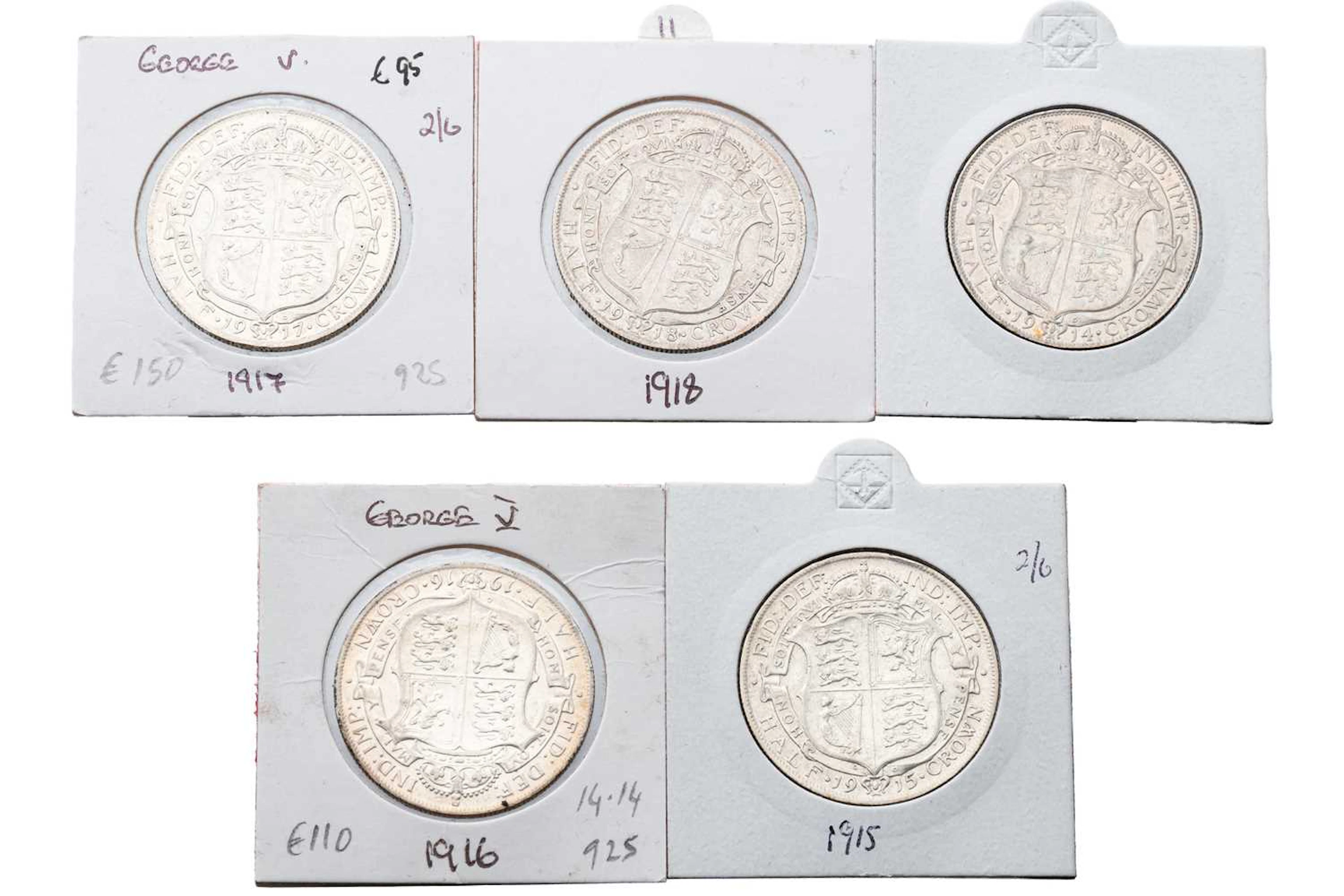A RUN OF 5 X 1914-1918 ENGLISH SILVER HALF CROWM COINS